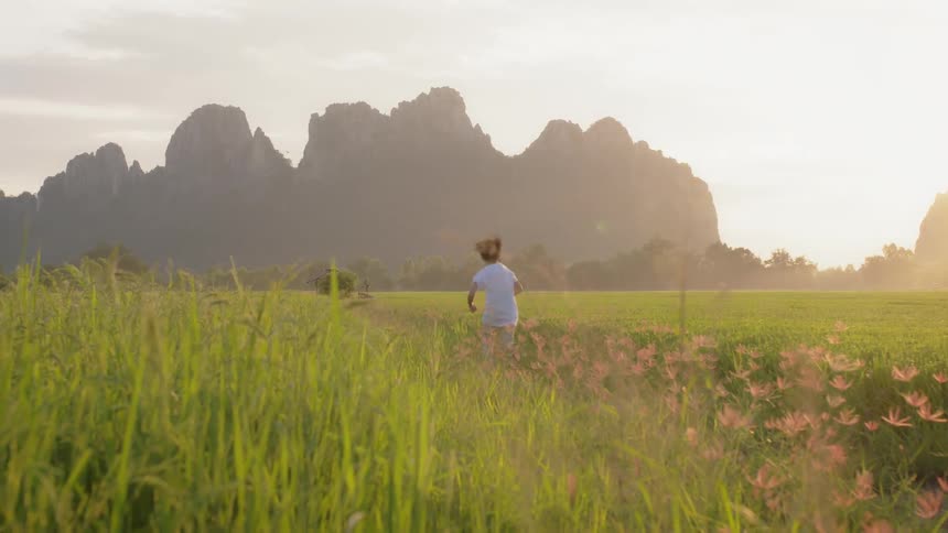 A child races through the flowers on the long field