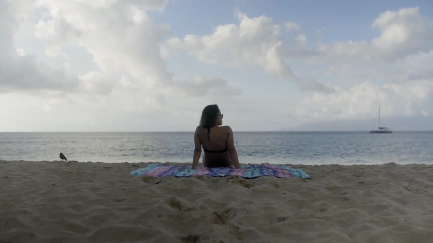 A woman in a bikini is sitting on a beach