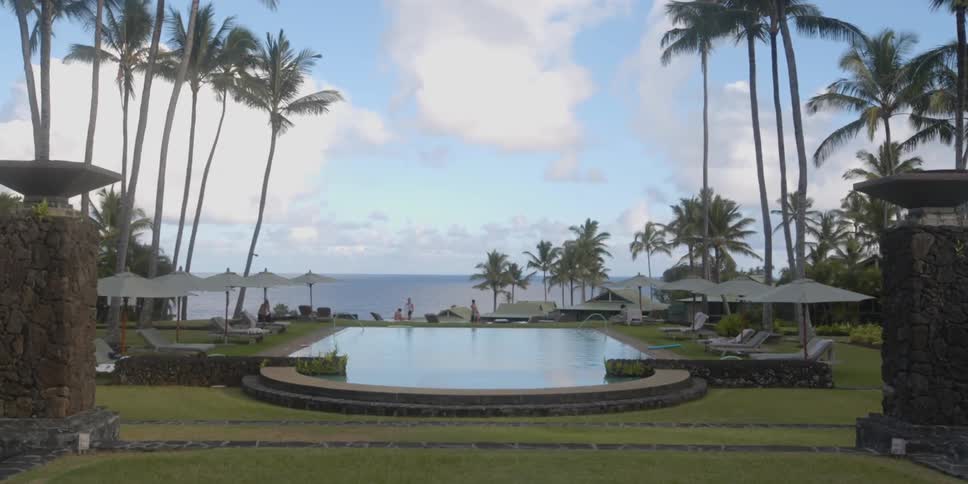 View of a large pool with palm trees on each side by the ocean