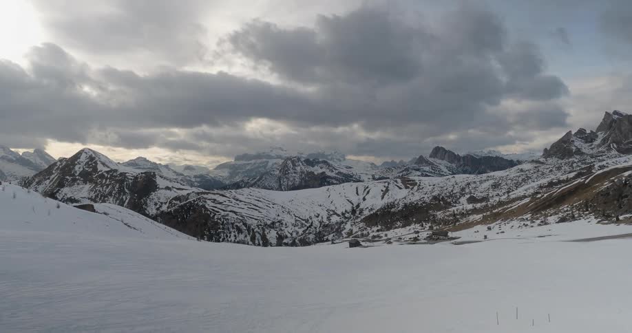 Snow covers a mountain landscape