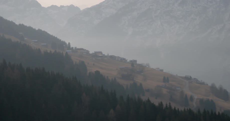 Trees and buildings cover a mountainside