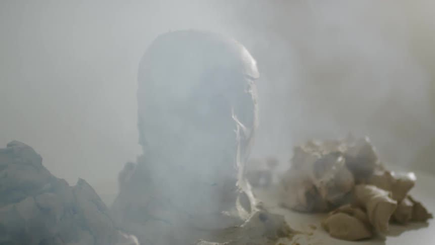A skull is covered with fog on the ground