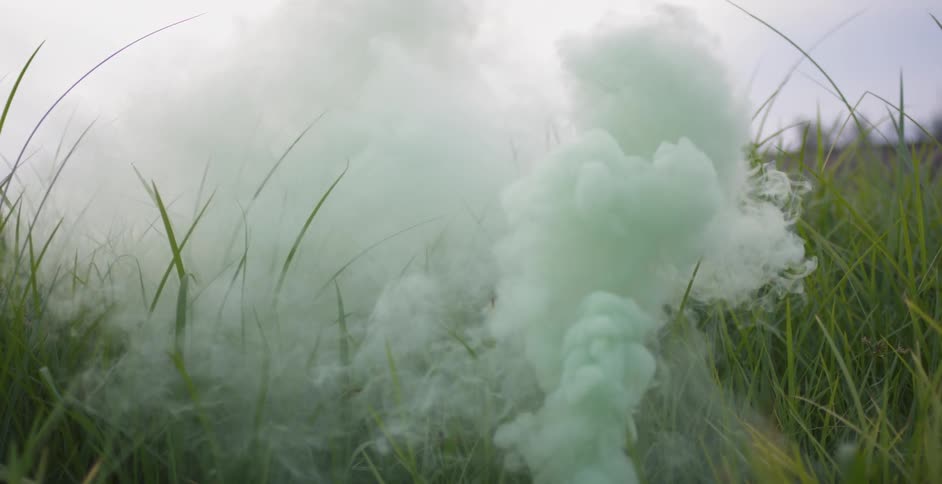 Green smoke billows in a grassy field