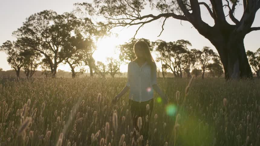 A woman walks through tall grass