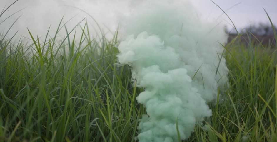 Green smoke billows in a grassy field