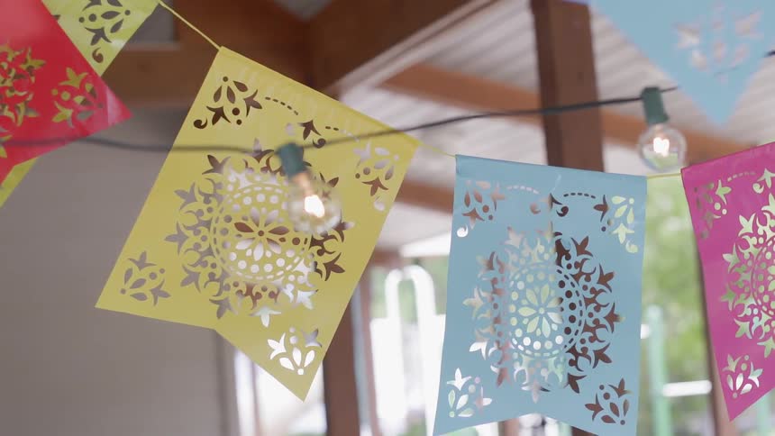 Banners and patio lights hang from a ceiling