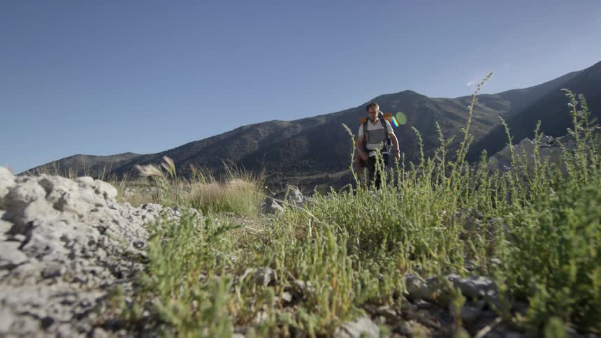 Grass waves in the wind as two men hike up a hill