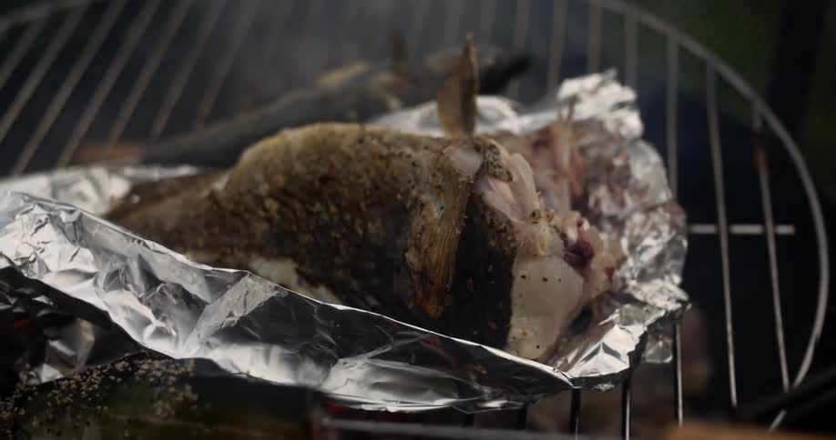 Fish cooking on tin foil over a grill