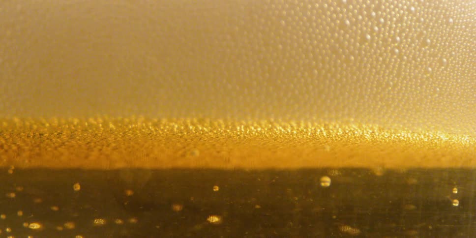 Bubbles rise in golden liquid