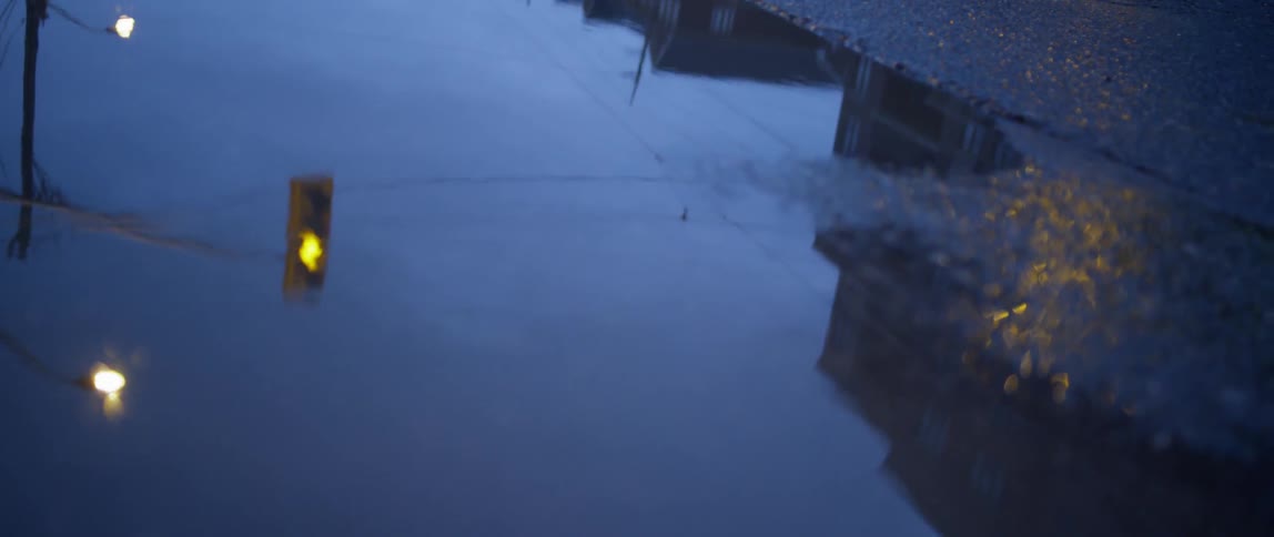 The puddle in the street is reflecting the street light
