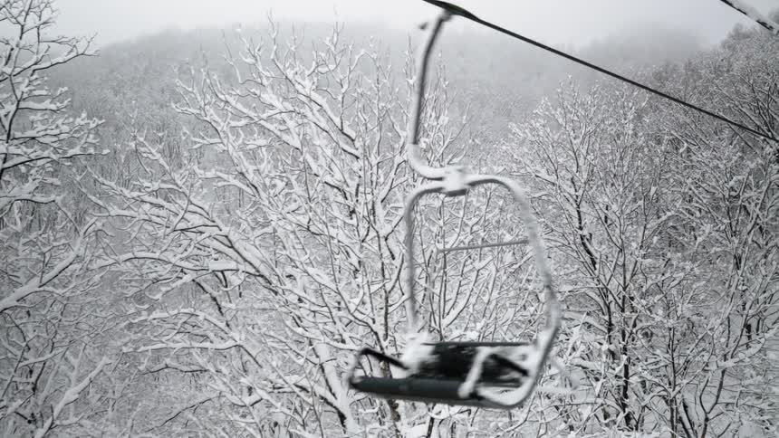 The ski lift moves past the trees