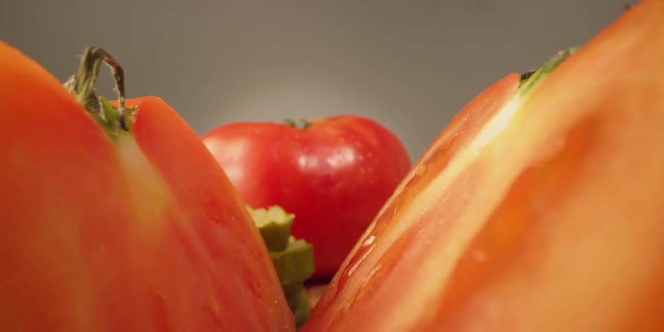 Cut tomatoes and pickles on cutting board