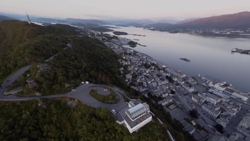 Aerial view of a distant coastal town