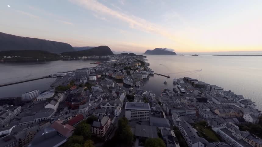 Aerial view of a distant coastal town