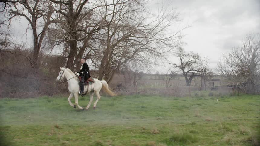 Man rides a white horse through a field on a cloudy day