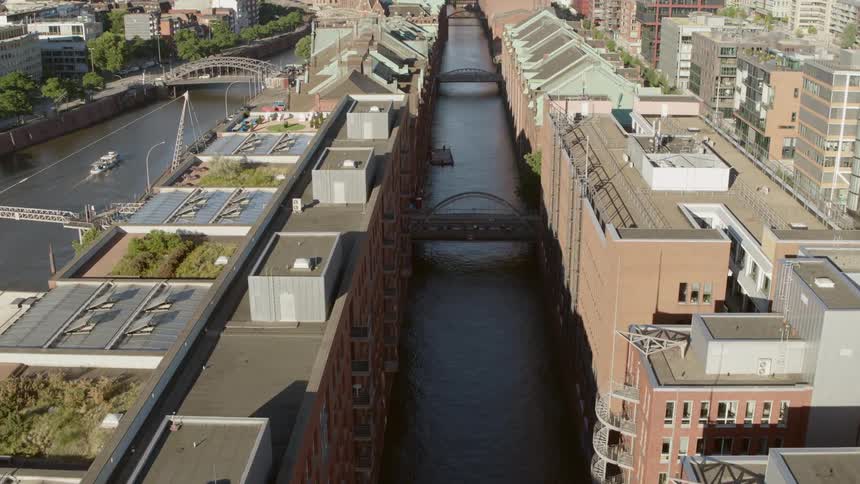 Hamburg Speicherstadt - Buildings along a water way spanned by bridges