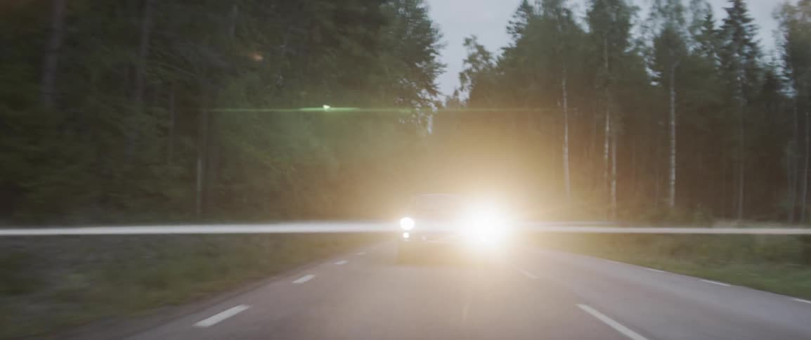 The headlights of a car on a tree lined road shine and glare