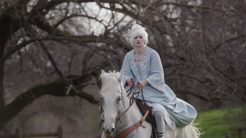 A woman wearing a dress rides on a white horse