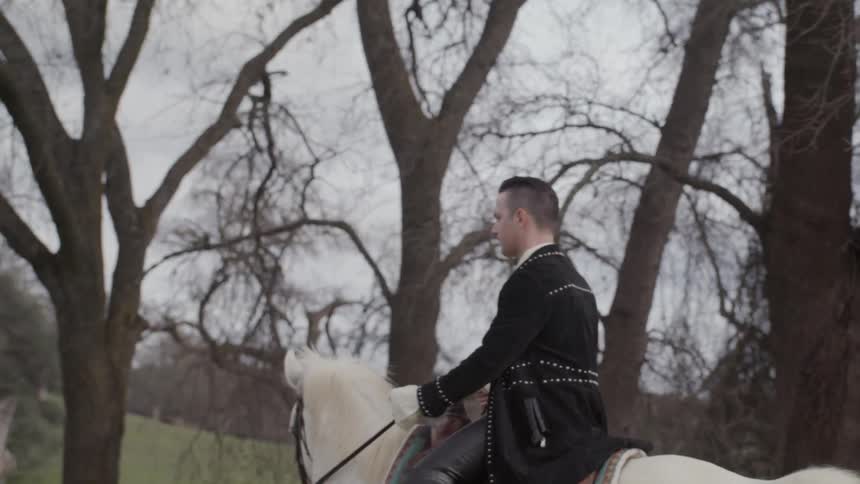 A man rides a white horse