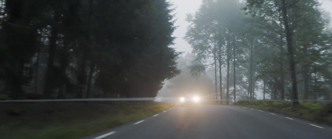 Car drives along a misty highway