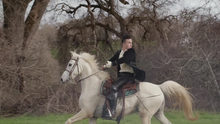 Man riding a horse through the woods