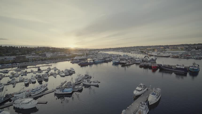 Sunset traverse of a large commercial fishing port