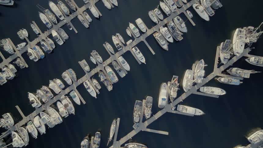 High overhead view of harbor boat slips