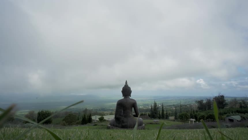 A statue of buddha is seen from the back on a cloudy day