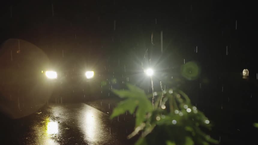 A man searches with a flashlight at night in the rain