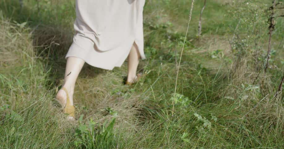 Person walks through a grassy weedy field