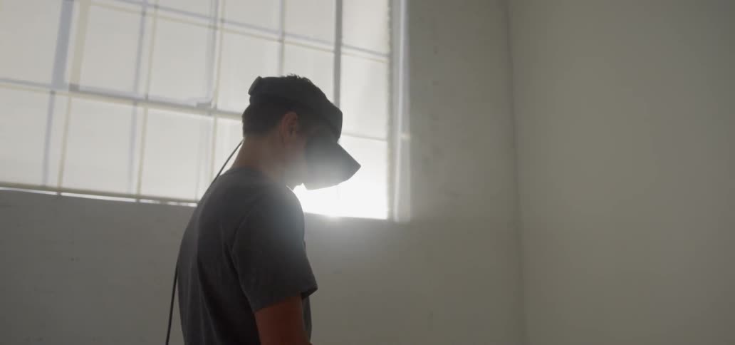 A boy wears a virtual reality headset