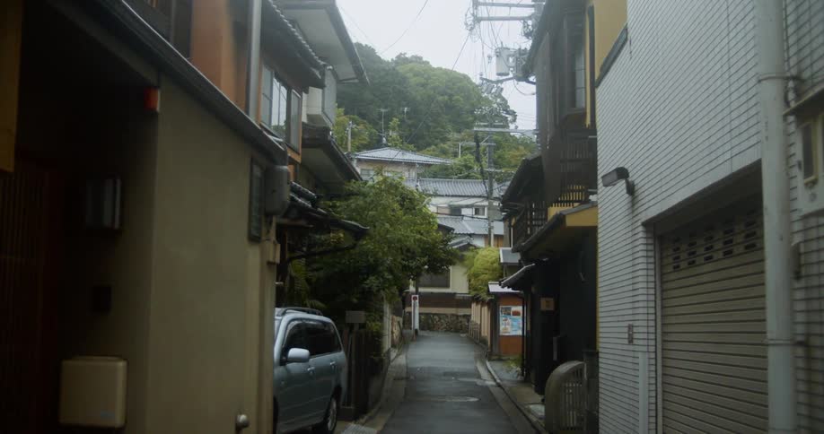 Buildings line a city street