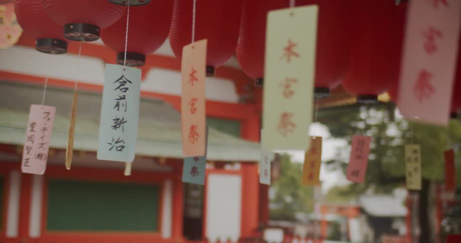 Red paper lanterns hanging in a row outside in the city