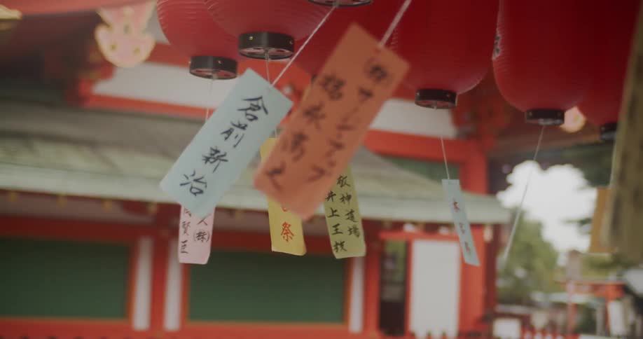 Tags hang from lanterns in an asian city