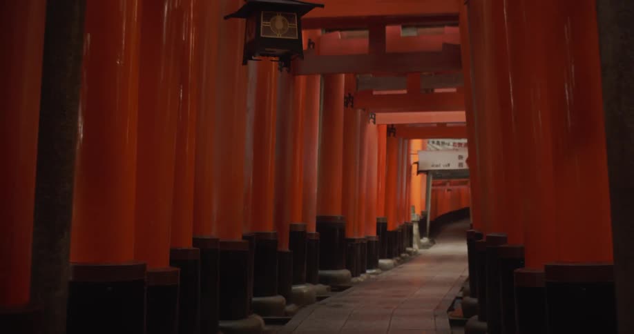 Red pillars line the walkway
