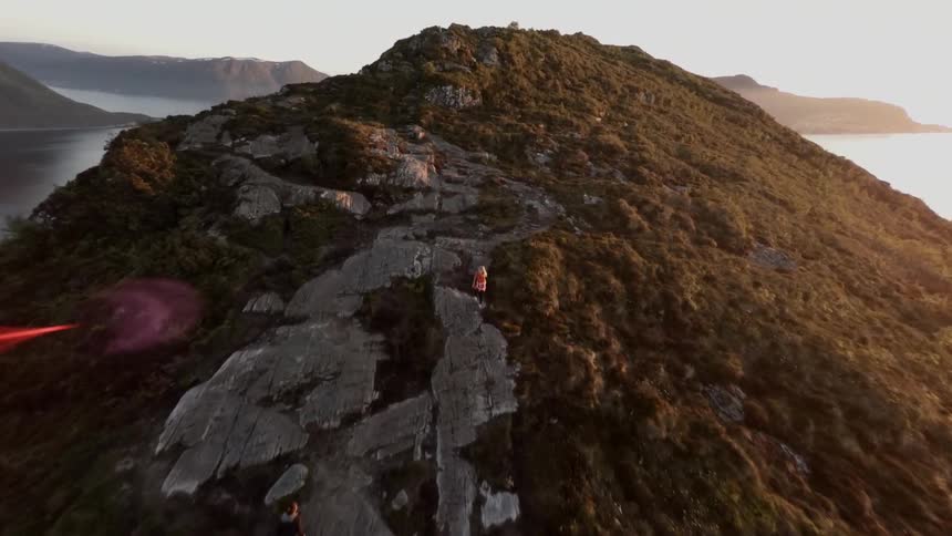 A mountain covered in trees is shown from above at dawn