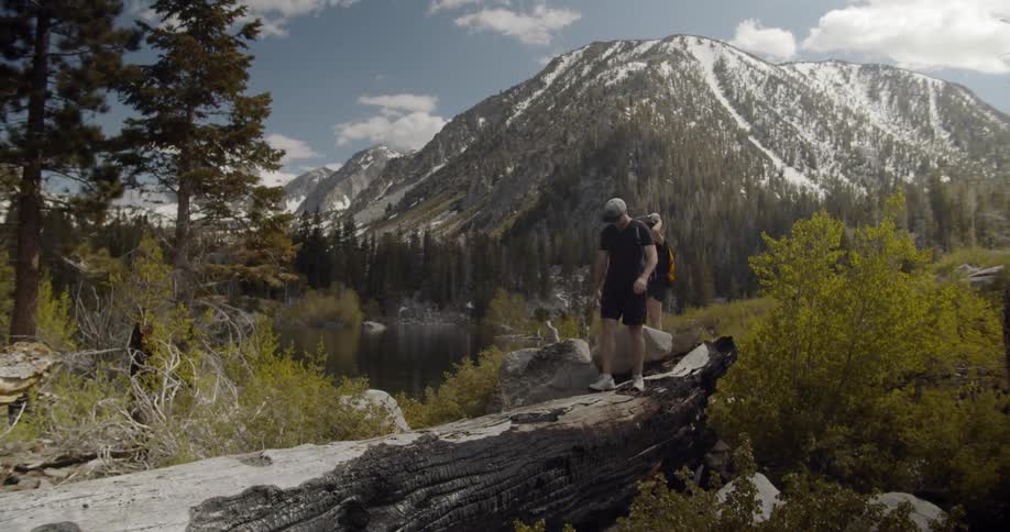 Man walks along log in front of ice capped mountains
