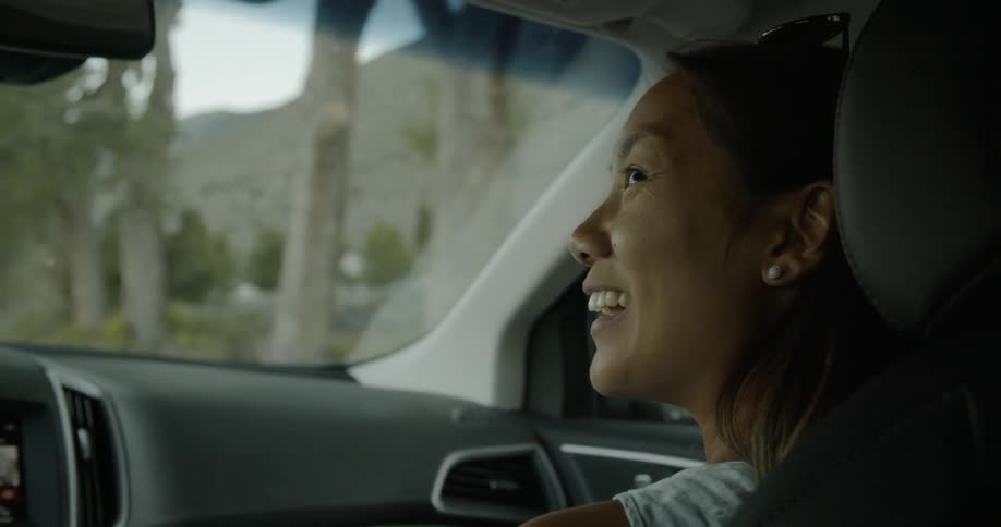 A woman talks from the passenger seat