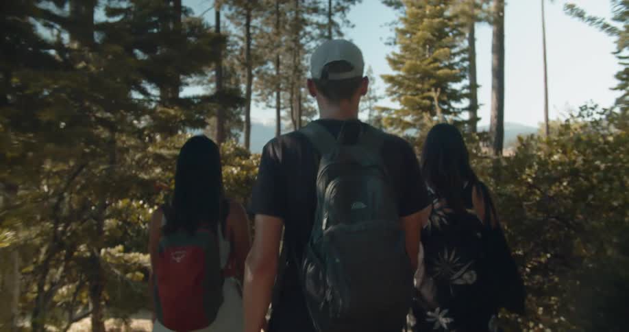 Three friends are walking along a trail on a sunny day