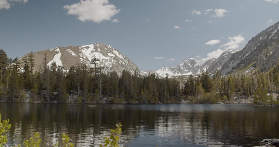 The water is calm by the mountain lake