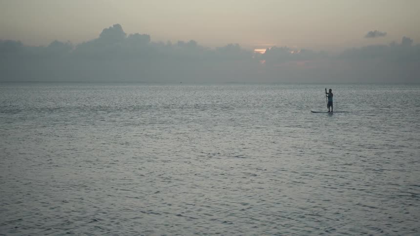 Person standing on a surfboard and paddles in the ocean