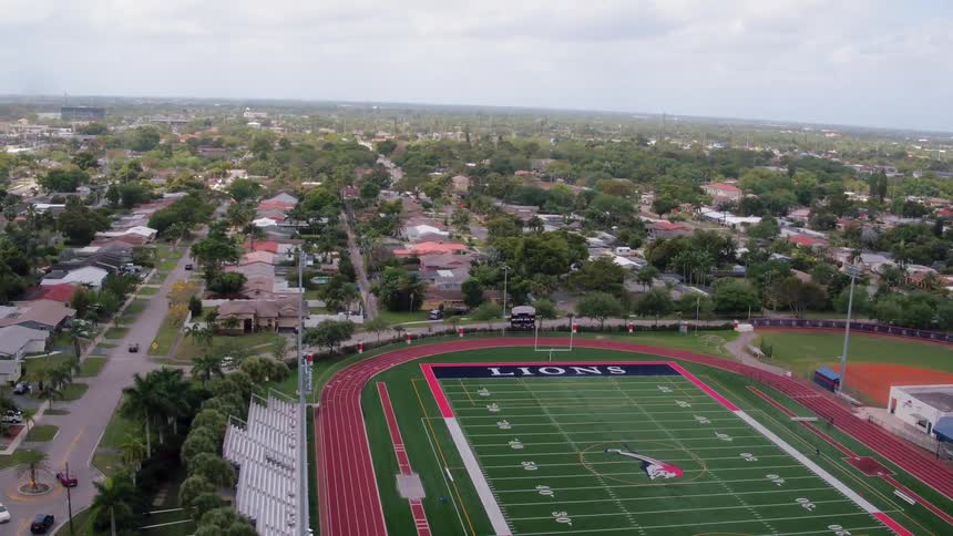 A football field is near the town