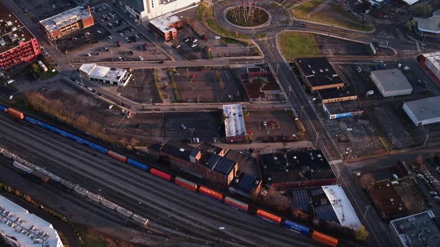 Train stands still on the railway tracks in a city