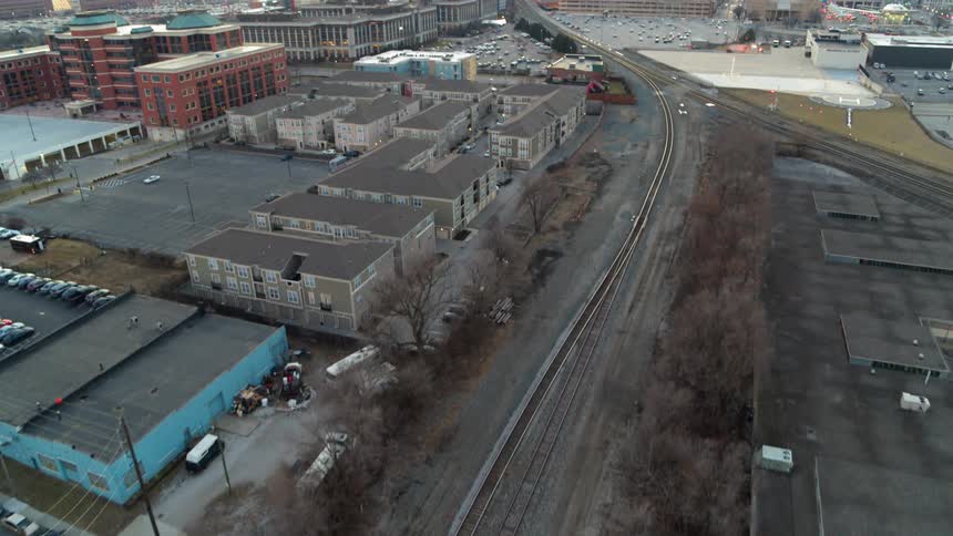 A train track travels through a city