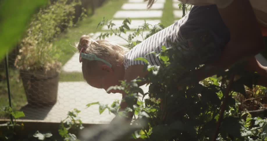Man holds a young girl as she reaches into the garden