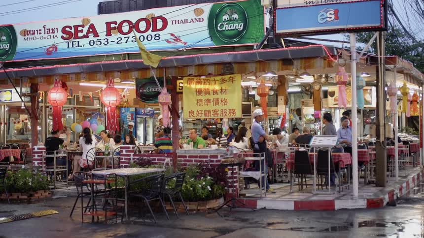 People dine at a seafood restaurant