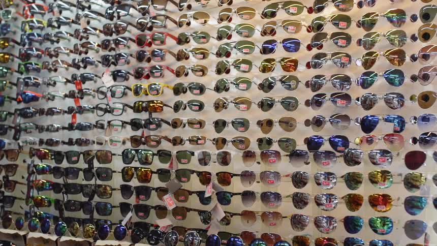 Glasses are displayed for sale