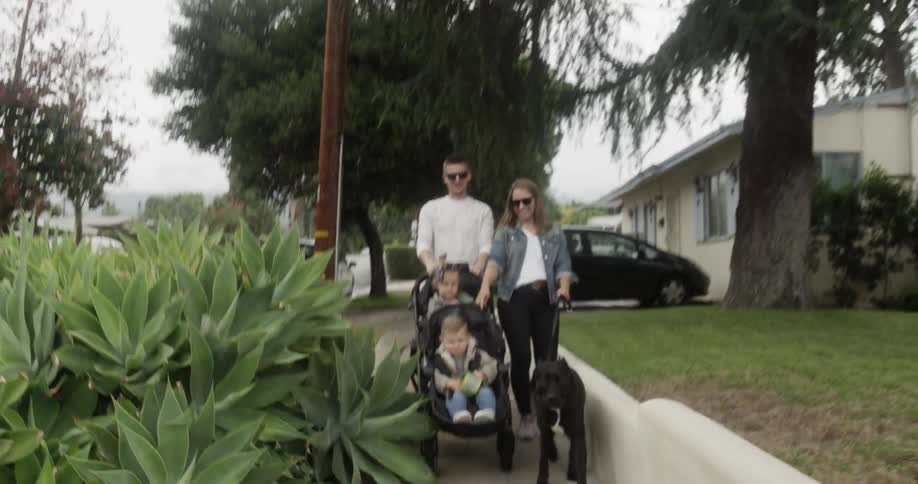 A family walks their dog in a neighborhood