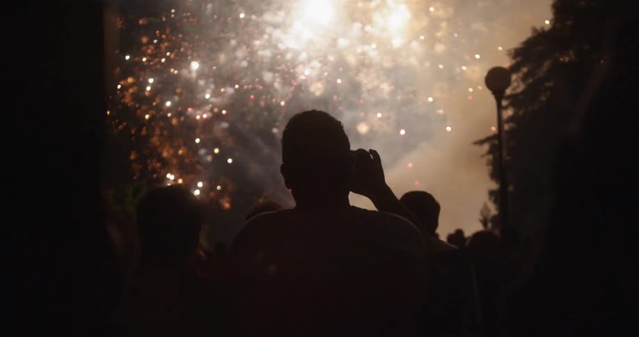 A crowd of people watch fireworks explode in the sky