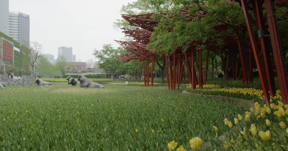 Cattle sculptures lie in grass in a city park
